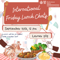  White square with red graphic squares and illustrations of Carribean food. Text reads International Friday Lunch Chats September 15th, 2023 at 12pm in Lerner 505.